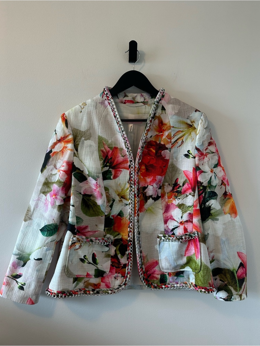 Vintage Basler Multi Color Floral Cotton/Silk w/Silver Chain Trim Jacket Size 14